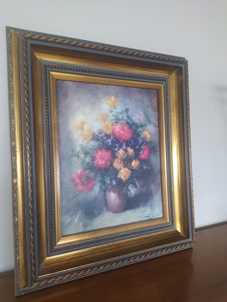 Vintage schilderij P. Sorel, bloemen in vaas, Ophalen of Verzenden