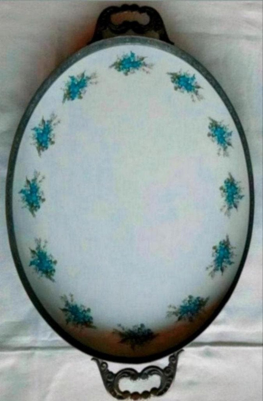 Ovale porseleinen dienblad blauwe witte bloemetjes zilveren, Ophalen of Verzenden, Zo goed als nieuw, Ovaal
