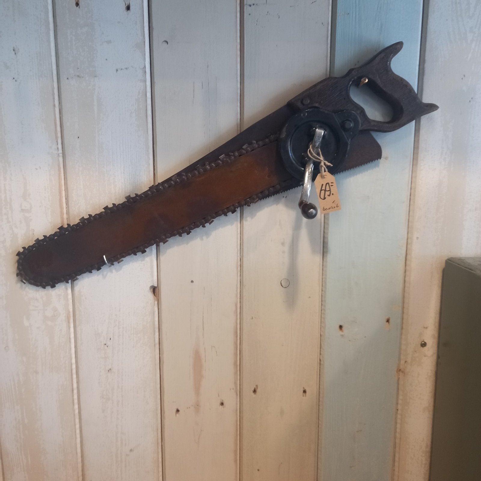 Oude"kettingzaag" - handzaag - metal art, Gebruikt, Ophalen of Verzenden, H, H