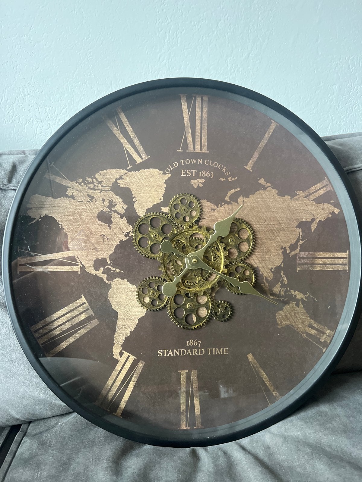 Grote industriele wandklok met wereldkaart, Ophalen, Industrieel, Zwart, Wandklok