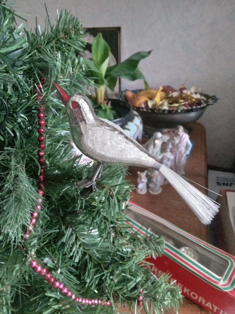 oude glazen kerstbal model zilveren vogel, Diversen, Kerst, Ophalen of Verzenden, Gebruikt