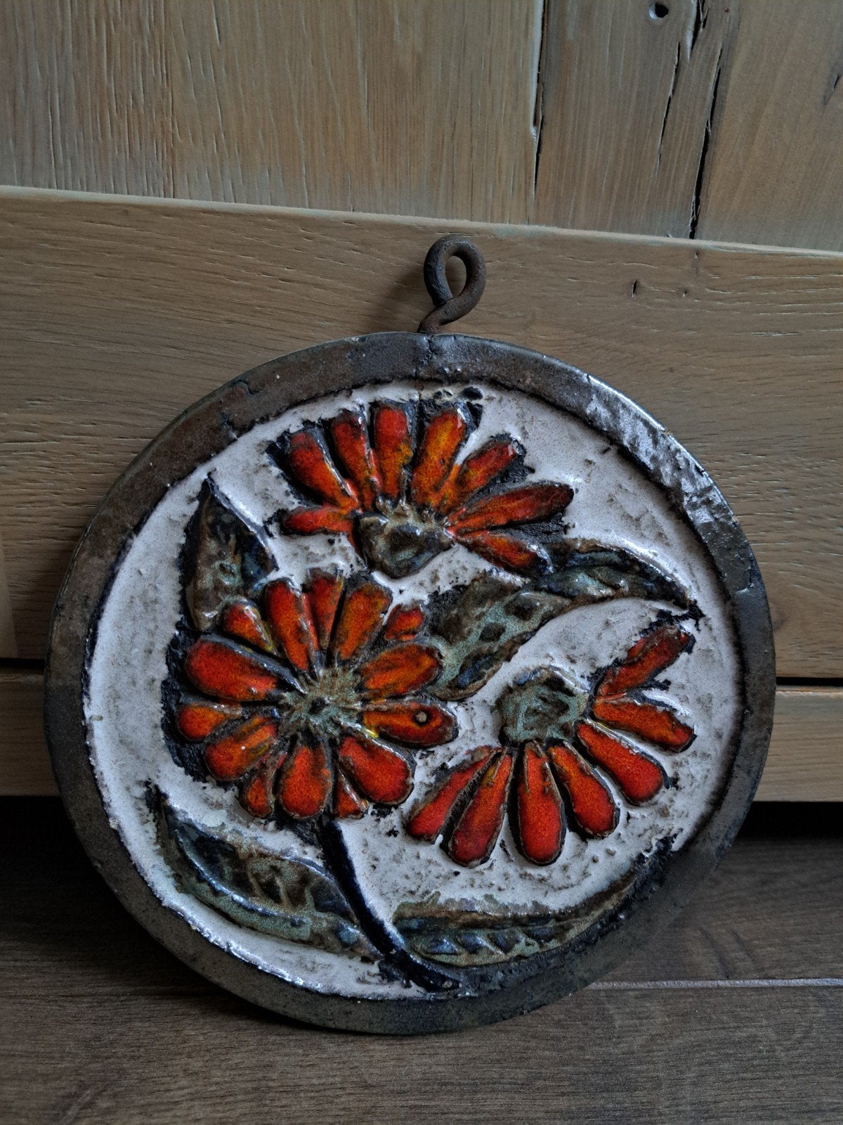 Vintage keramiek wanddecoratie bloemen 18 cm diameter 60/70, Ophalen of Verzenden