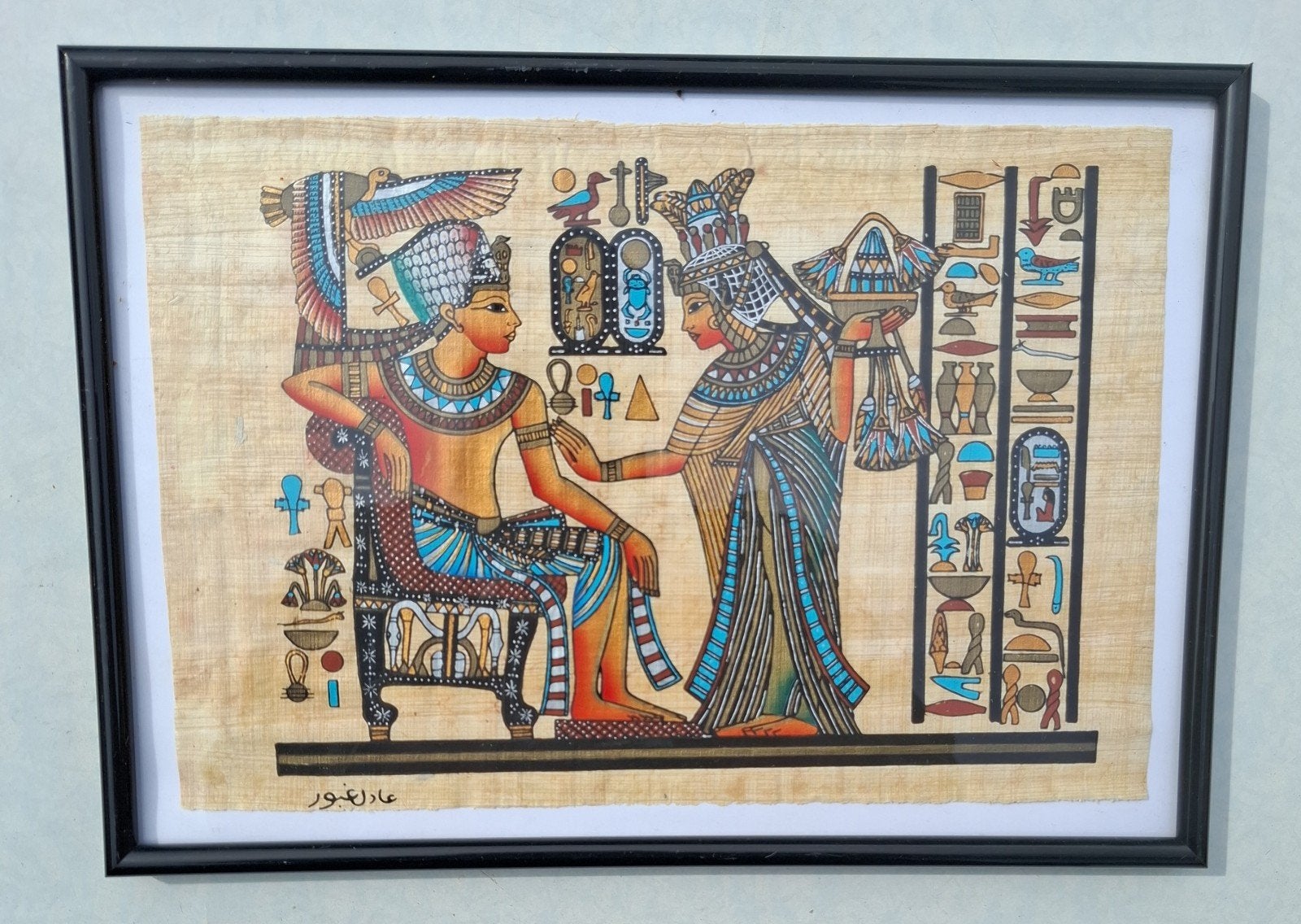 Handgeschilderde Egyptische papyrus met farao en koningin, Origineel werk, Overige technieken, Ophalen of Verzenden, Klassiek