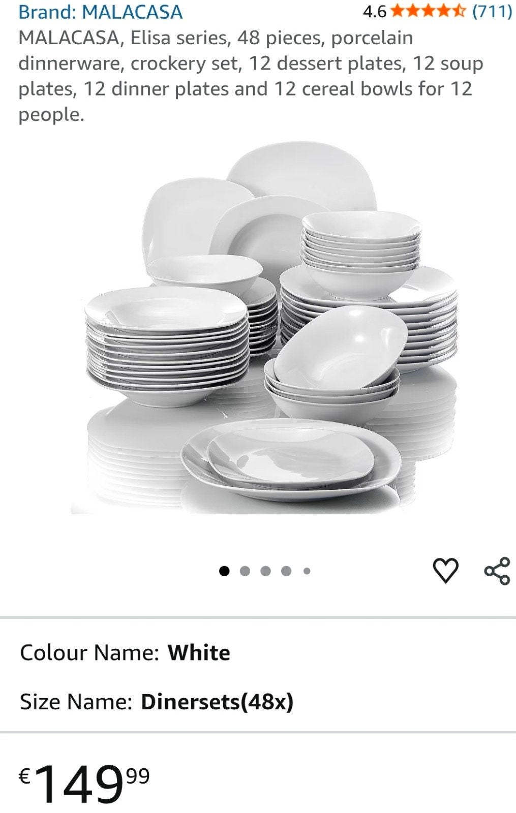 MALACASA Elisa Servies 48-delig Porselein Wit, Ophalen, Overige merken, Nieuw, Modern