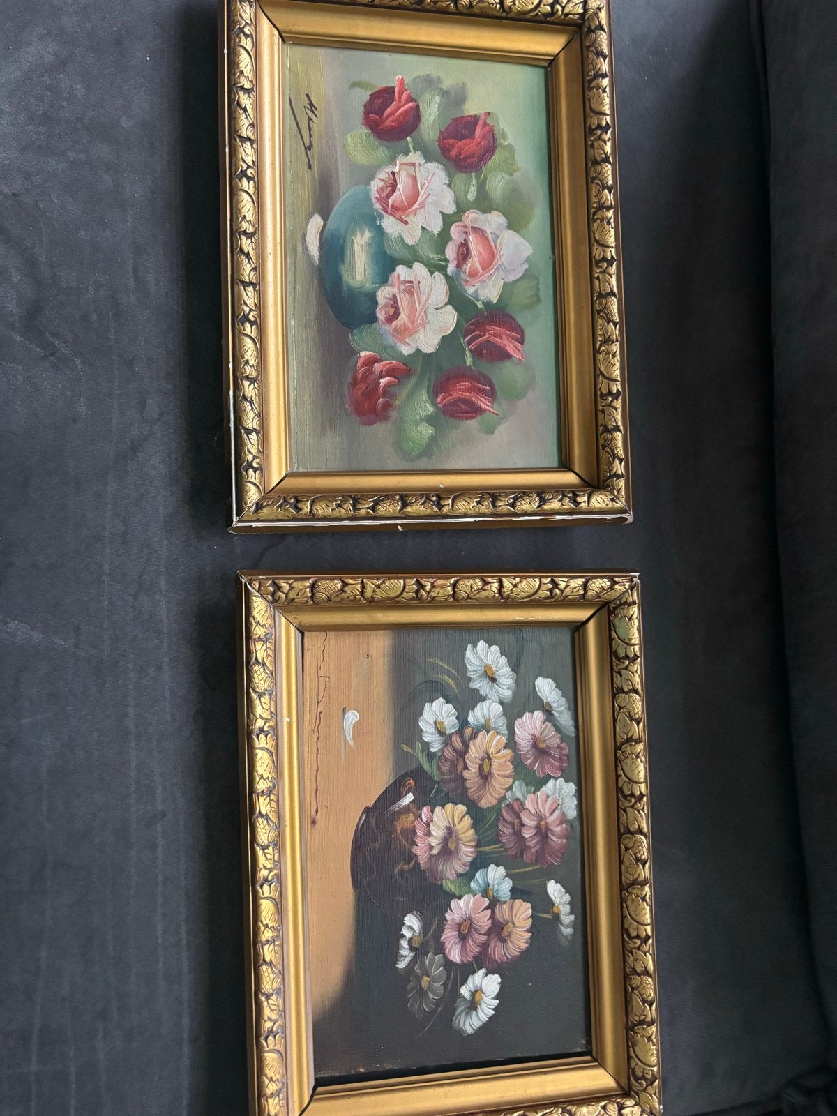 Twee Schilderijtjes met Bloemen in Lijst (br37 h27), Ophalen of Verzenden, Ingelijst, Bloemen