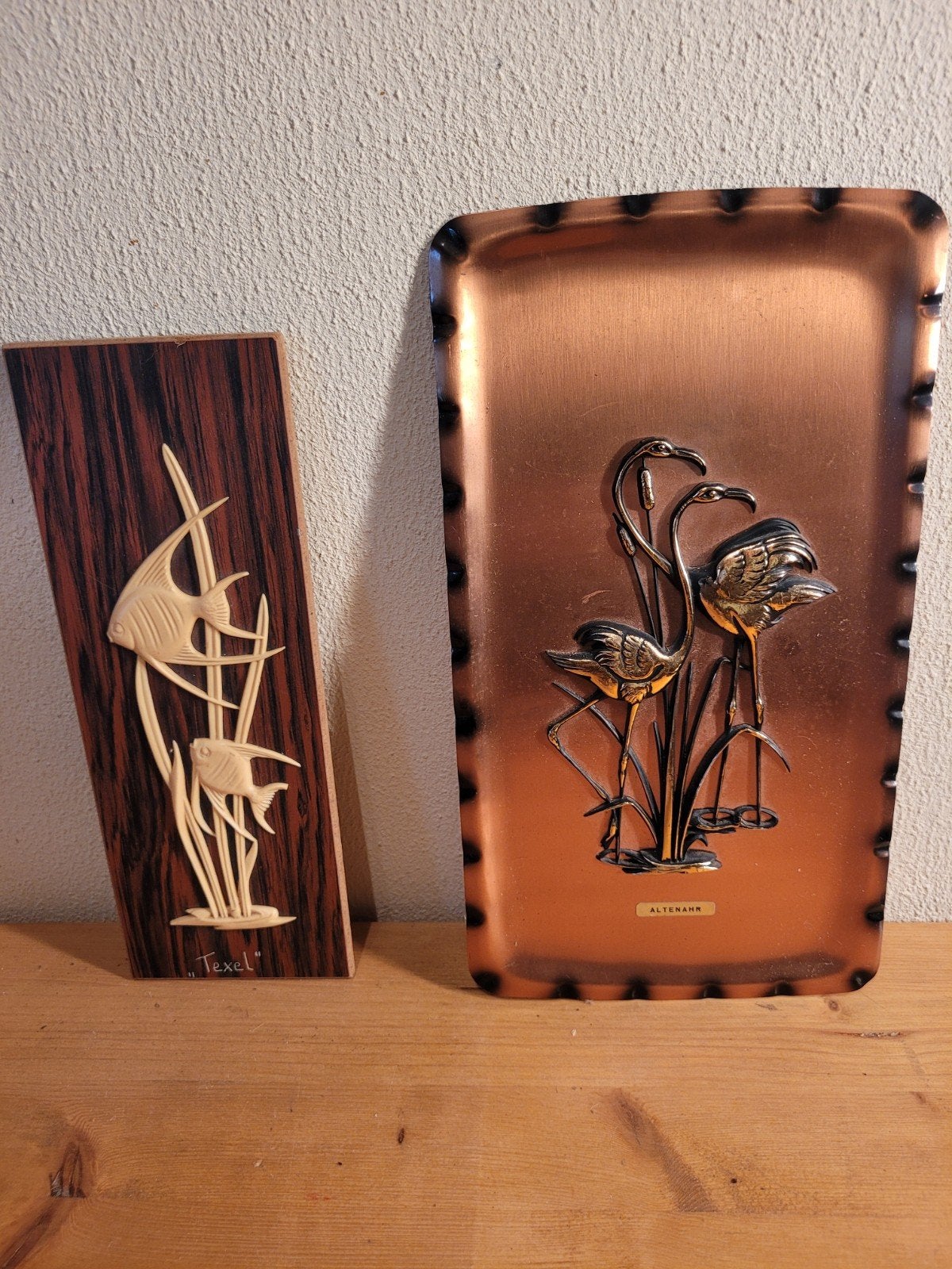Wanddecoratie: Maanvissen (kunststof) en Flamingo's (koper), Ophalen of Verzenden