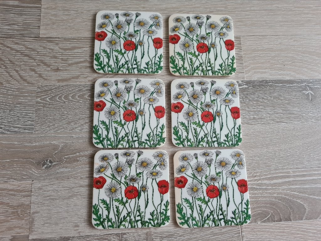 6 vintage mebel melamine coasters poppies, Huis en Inrichting, Ophalen of Verzenden, Gebruikt