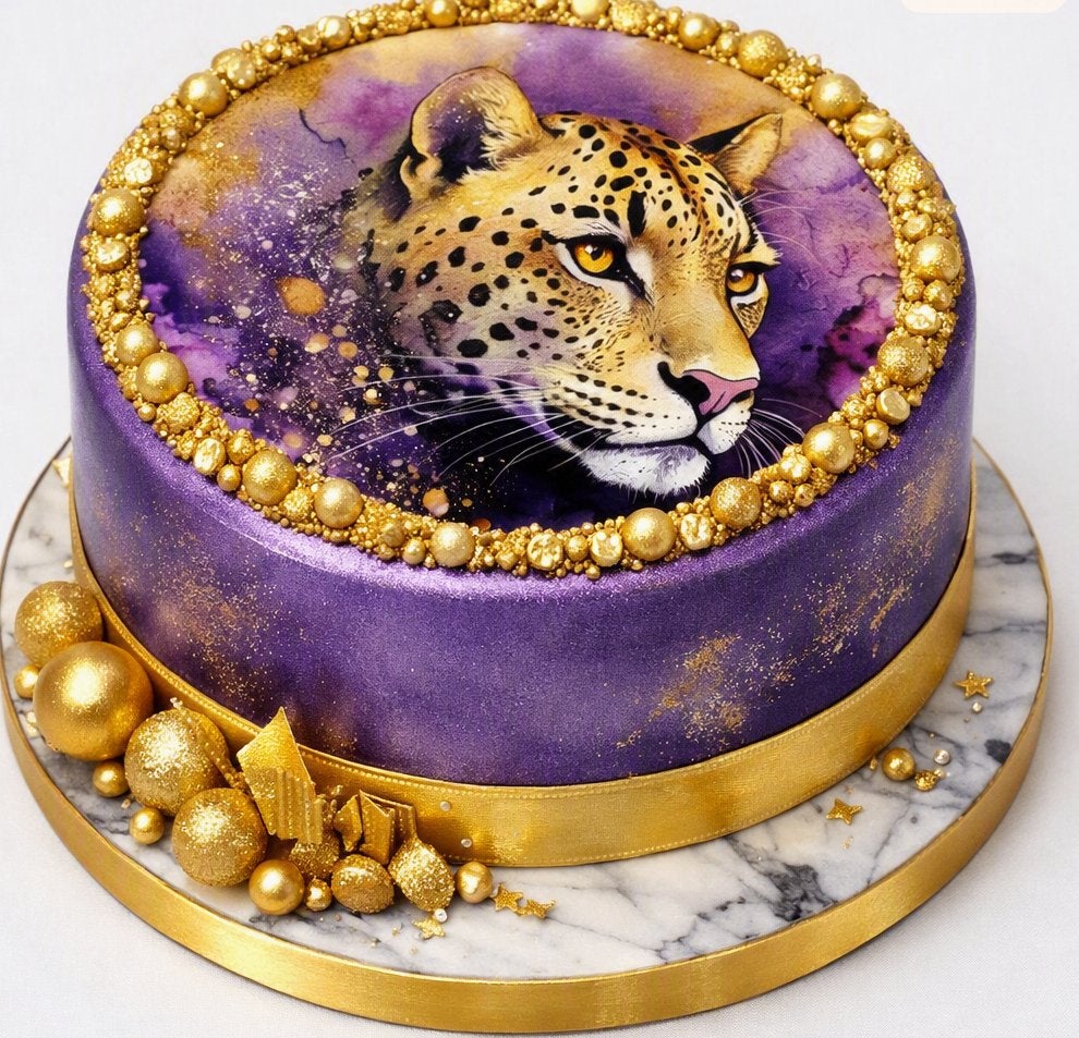 lf937 luxe icing panter luipaard 20cm eetbare taart print, Ophalen of Verzenden, Nieuw, Taarten, Versiering