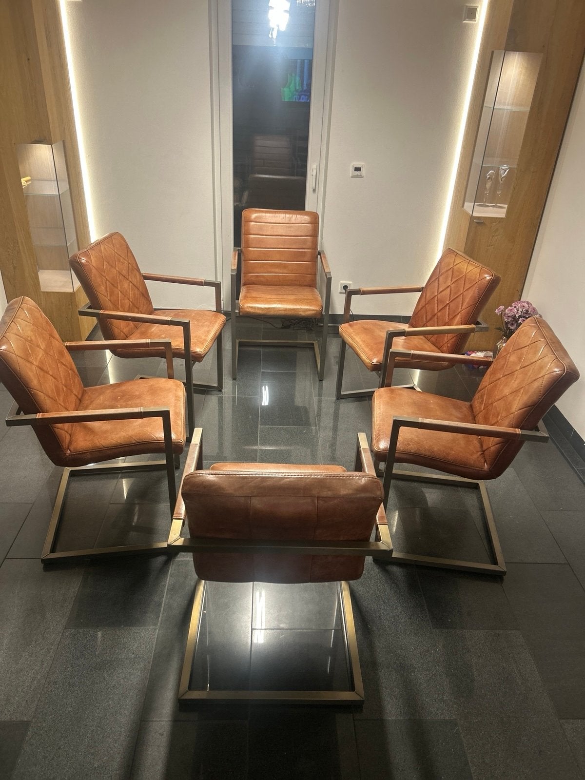 Set van 6 leren eetkamerstoelen - cognac/bruin, Ophalen, Bruin, Leer, Zo goed als nieuw