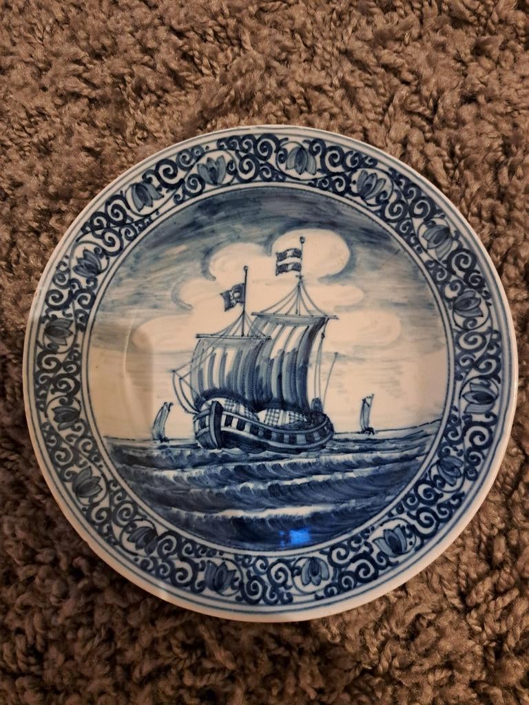 Delfts Blauw wandbord met zeilschip, ca. 15 cm, Ophalen