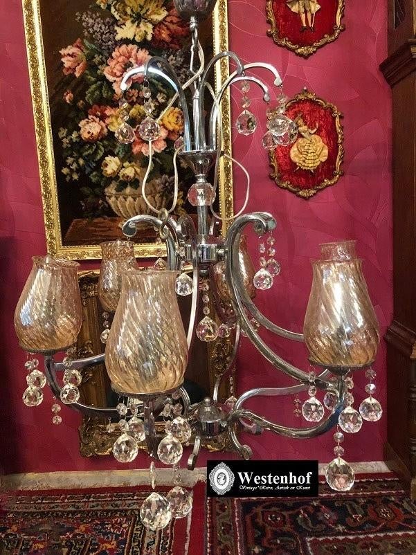 Groot kristallen kroonluchter  hanglamp zilver met 6 arms, Ophalen, Gebruikt, Overige materialen