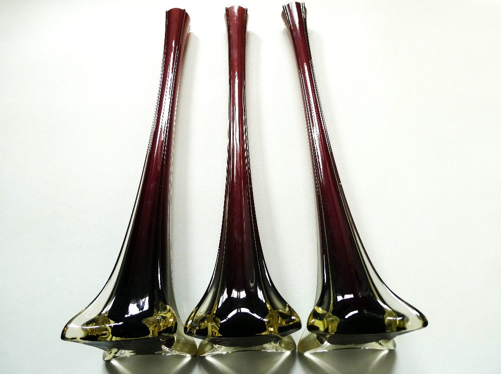 3 Zeer fraaie hoge handgeblazen vazen in de kleur aubergine, Ophalen of Verzenden