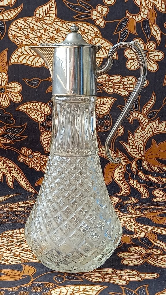 Mooie oude Engelse schenkkan van glas en silverplate 29,4 cm, Ophalen of Verzenden