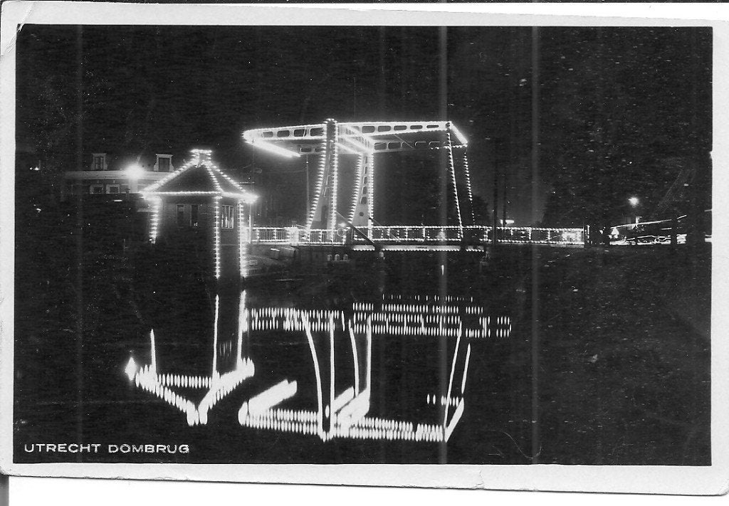 Ansichtkaart Utrecht Dom brug verlicht 1930, Verzamelen, Ophalen of Verzenden, 1920 tot 1940, Gelopen, Utrecht