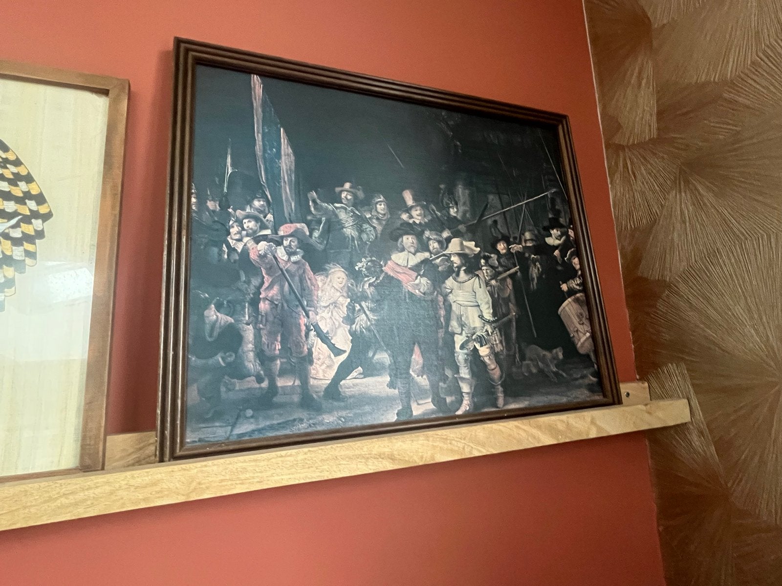 Nachtwacht schilderij in vintage houten lijst, Ophalen of Verzenden