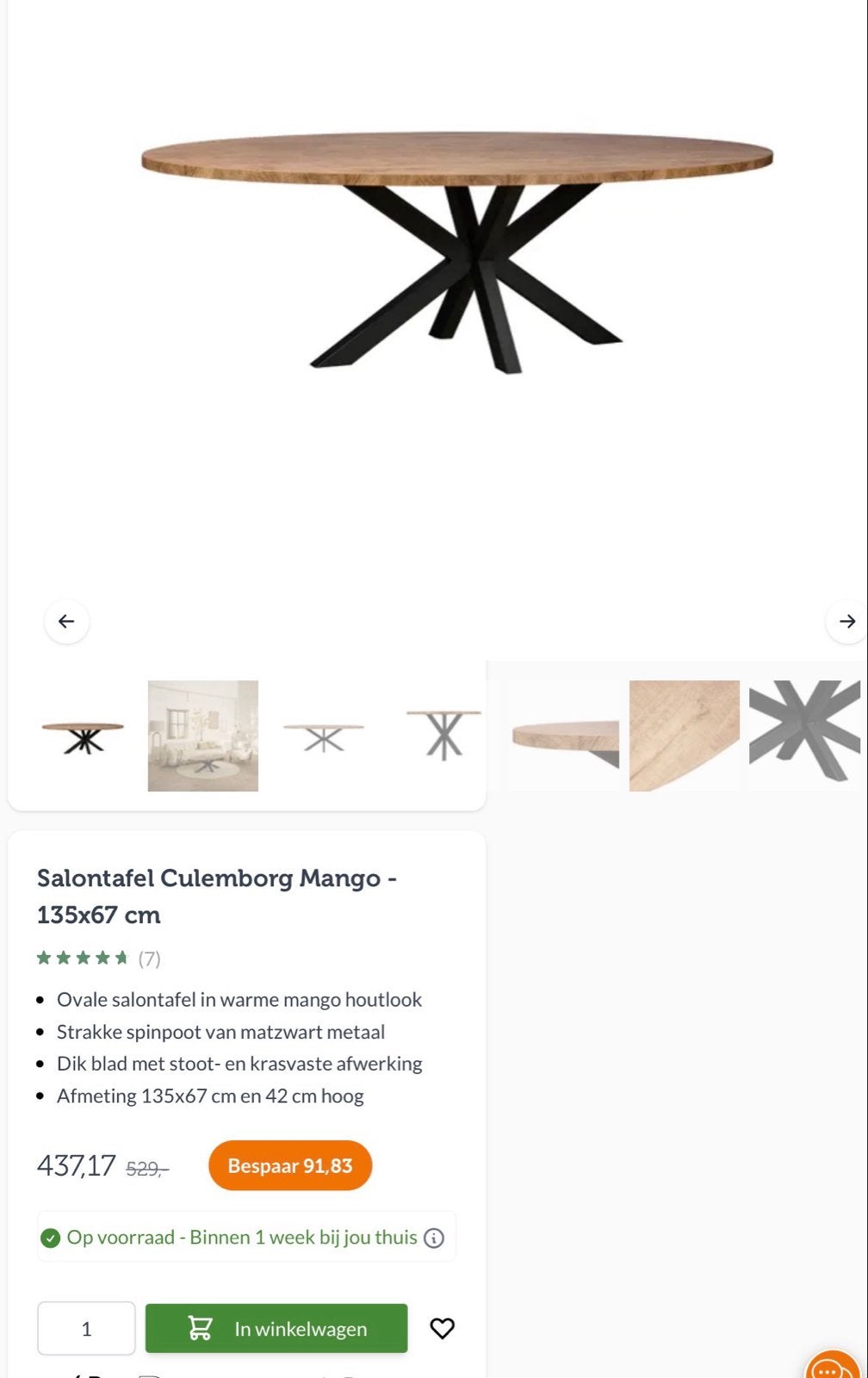 Salontafel Culemborg Mango - 135x67 cm, 100 tot 150 cm, Zo goed als nieuw, Ovaal, 5 – 50