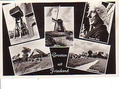 Ansichtkaart 	Friesland	5-luik	Molen	Klederdracht, Verzenden, 1940 tot 1960, Gelopen, Friesland