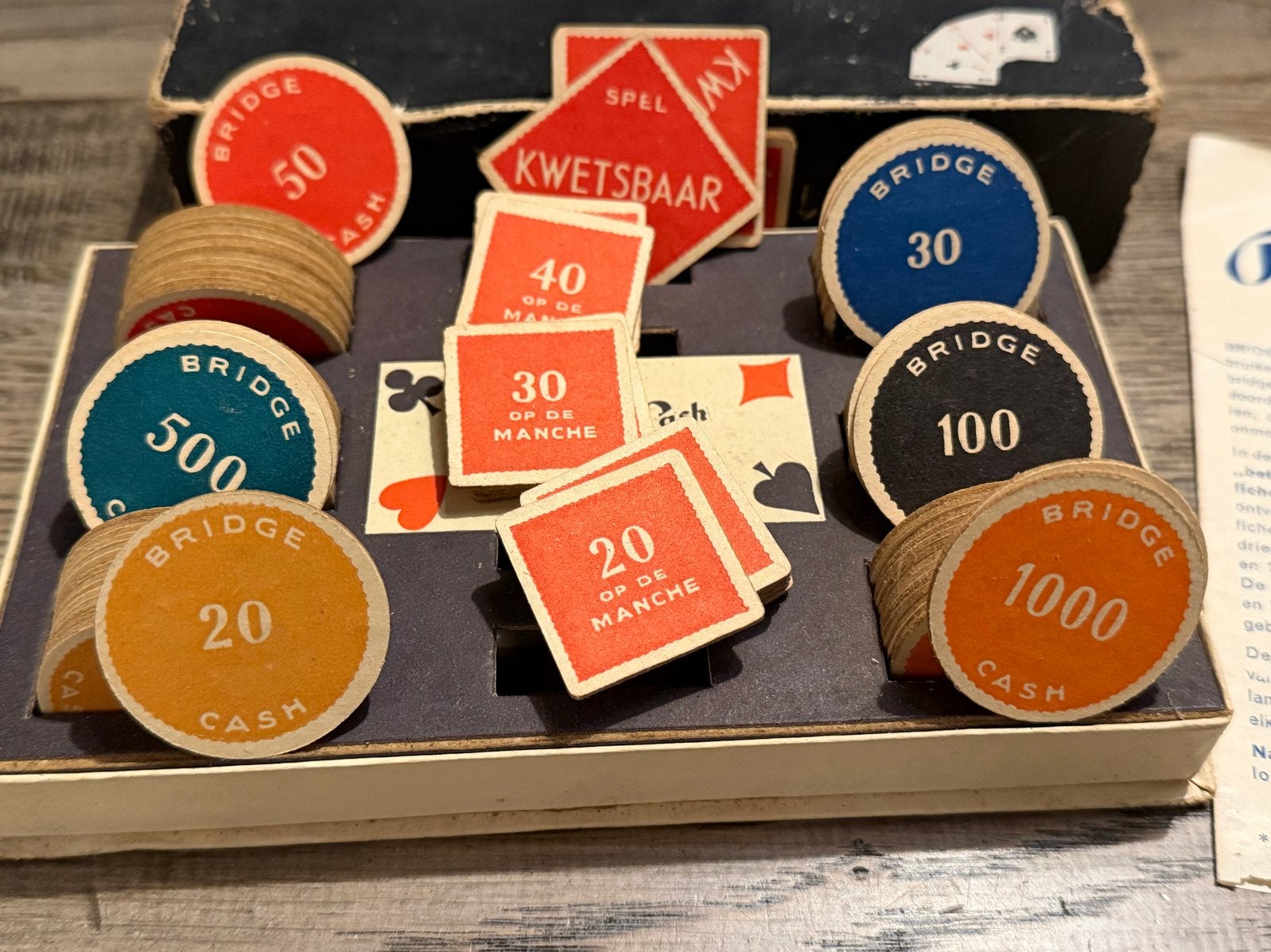 Vintage Bridge-Cash Spel - Compleet met Fiches en Kaarten, Drie of vier spelers, Ophalen of Verzenden, Gebruikt