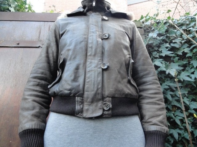 E.M.A.C bruine lederen winterjas maat L, Kleding | Dames, Verzenden, Gedragen, Maat 42/44 (L), Bruin
