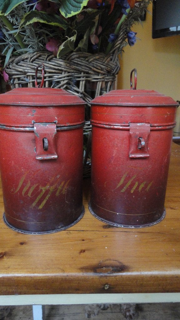 2 antieke RODE BLIKKEN met GOUDEN LETTERS - KOFFIE + THEE, Ophalen of Verzenden, Zo goed als nieuw, Koffie, Overige merken