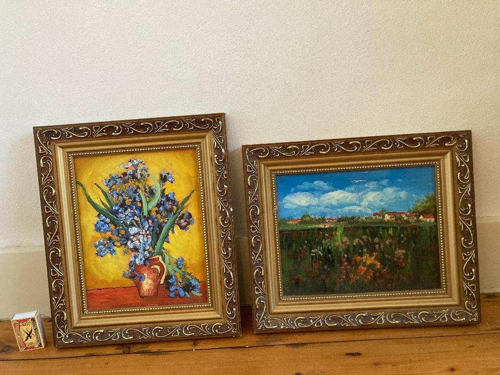 2 kleurige bloemen schilderijtjes in goudkleurige lijsten, Minder dan 50 cm, Oorspronkelijke maker, Ophalen of Verzenden, Zo goed als nieuw