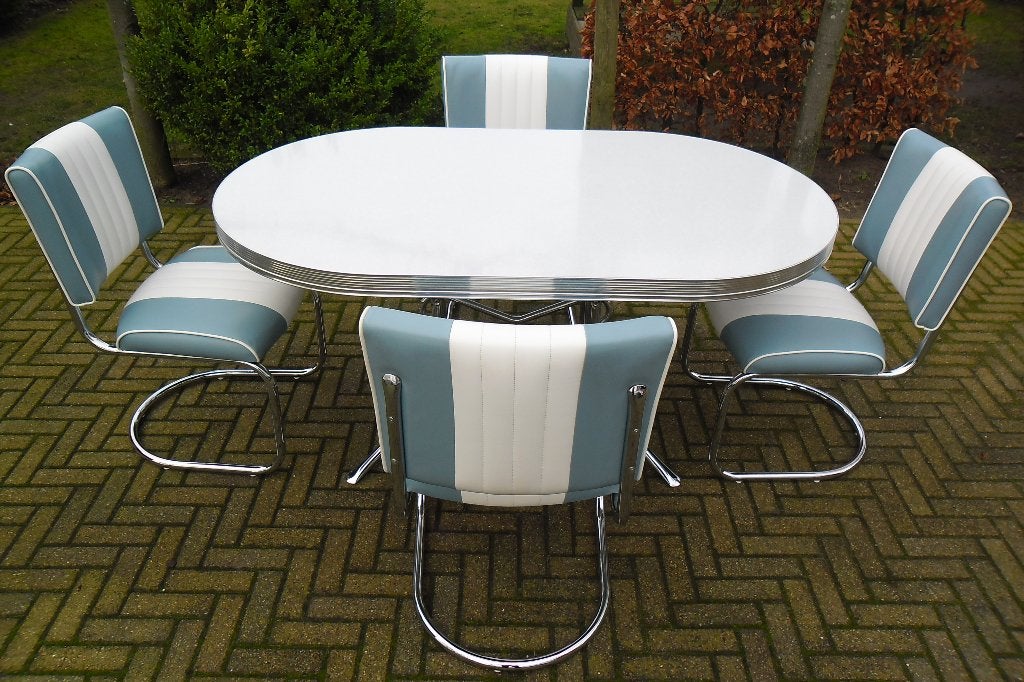 Bel Air 4 slede stoelen + diner tafel retro fifties sixties, Huis en Inrichting, Ophalen, Blauw, Zo goed als nieuw, Vier