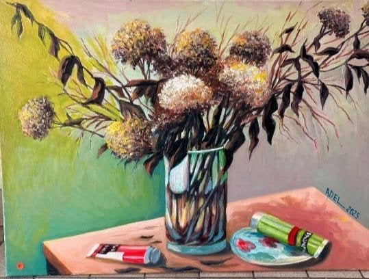 Olieverfschilderij: Bloemen in Vaas met Verfbenodigdheden, Ophalen of Verzenden