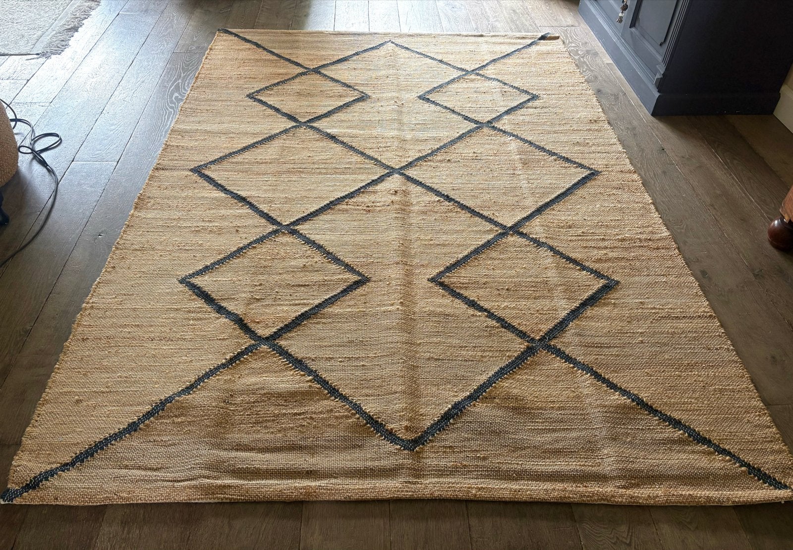 H&M Home Jute Vloerkleed met Zwart Patroon, Ophalen, Gebruikt, Beige, 150 tot 200 cm