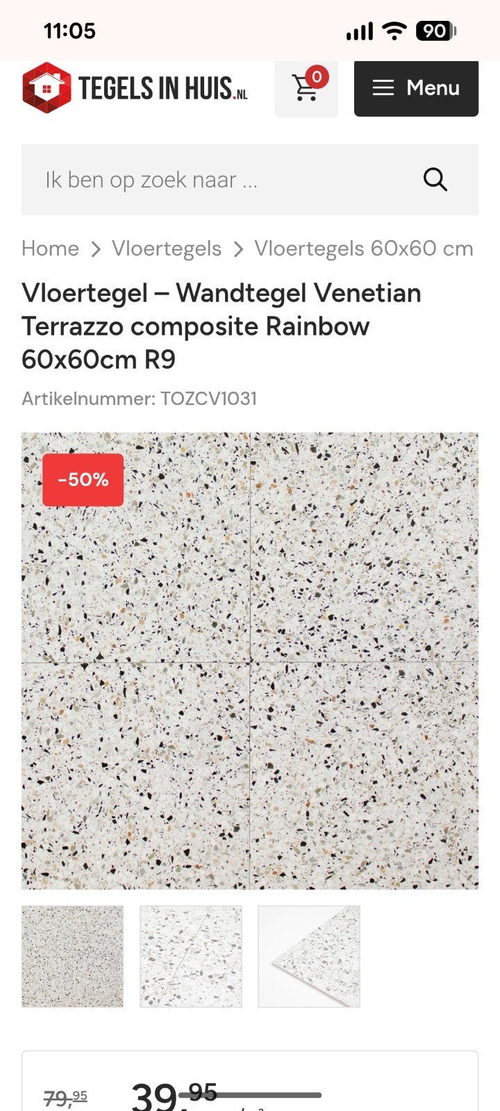 Terrazzo Vloer- en Wandtegel 60x60cm R9 | 12 stuks |  4,32m2, Ophalen, 60 cm of meer, Nieuw, Minder dan 5 m²