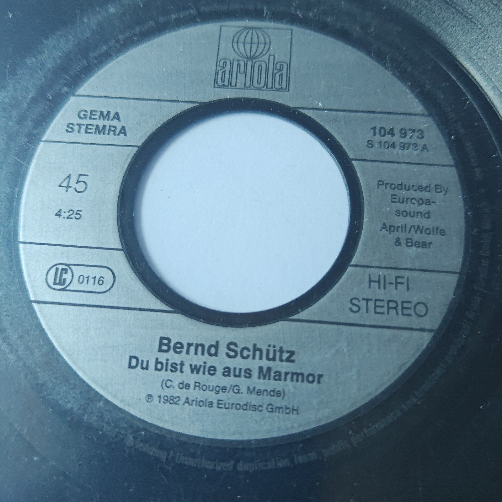 Bernd Schütz - Du bist wie aus Marmor (Single, 1982), Ophalen of Verzenden, Gebruikt, 7 inch