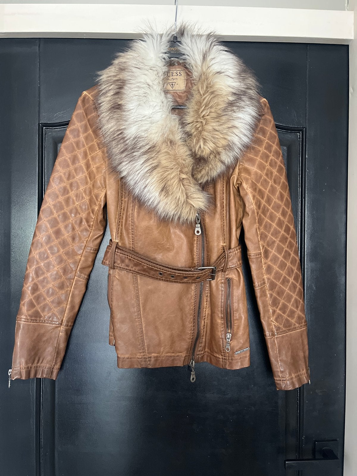 Guess leren jas met afneembare bontkraag., Ophalen of Verzenden, Gedragen, Maat 36 (S), Bruin