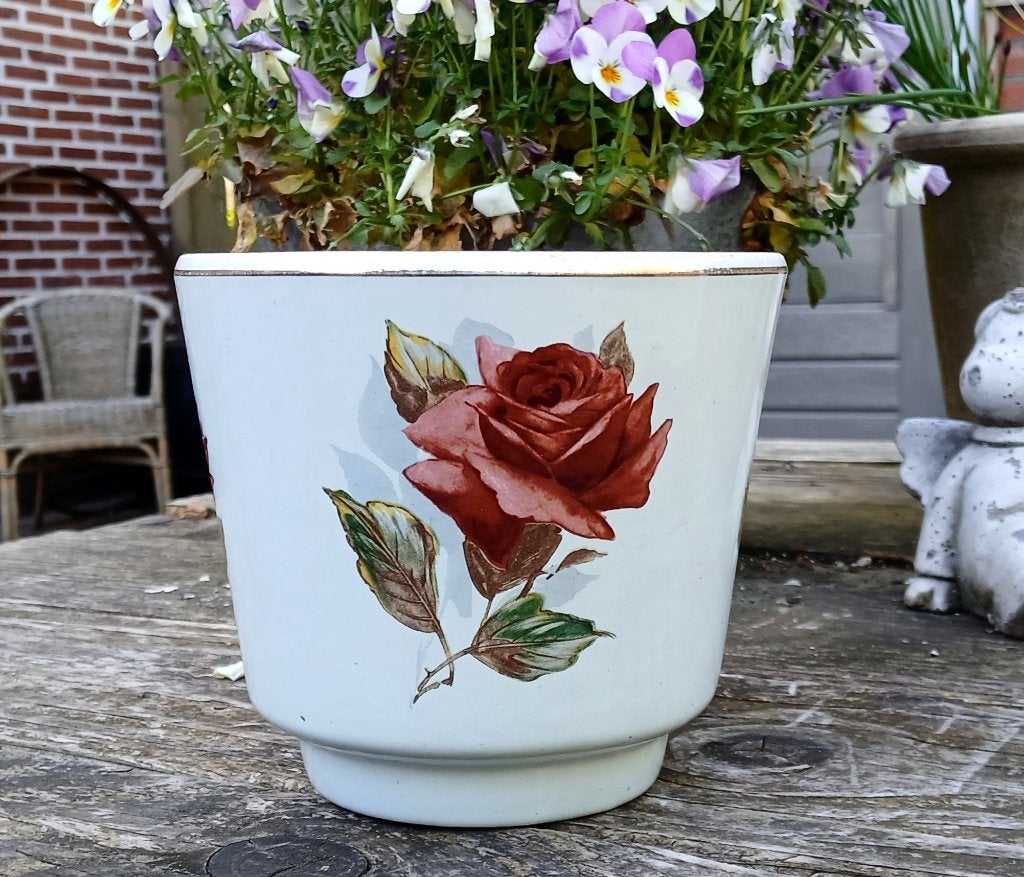 Vintage - bloempot rozen - Frankton Tegelen - jaren 60, Tuin en Terras, Bloempotten, Gebruikt, Rond, Ophalen of Verzenden, Aardewerk