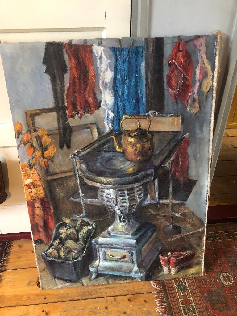 Schilderij met huiselijk tafereel - Andre van Leeuwen 60er., Antiek en Kunst, Ophalen