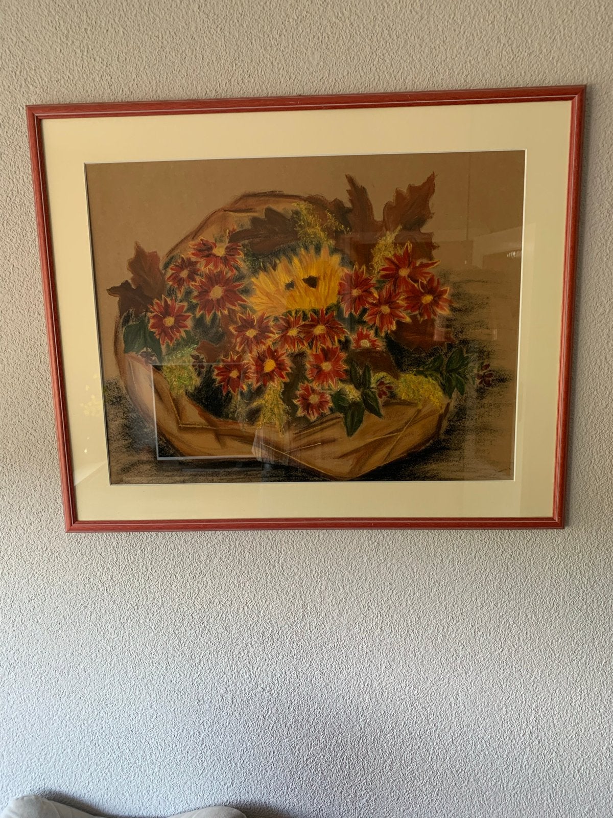 Schilderij met bloemen in mand - Ingelijst, Antiek en Kunst, Bloemen, Realistisch, Overige technieken, Ophalen of Verzenden