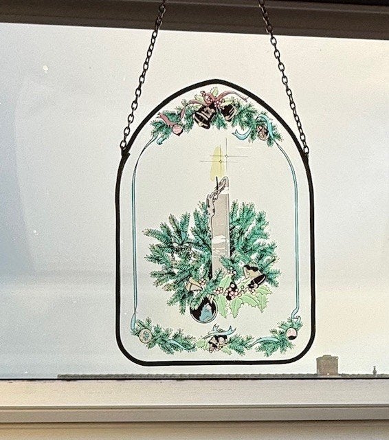 raamhanger glas in lood kerst / kaars kerst - retro, Antiek en Kunst, Ophalen