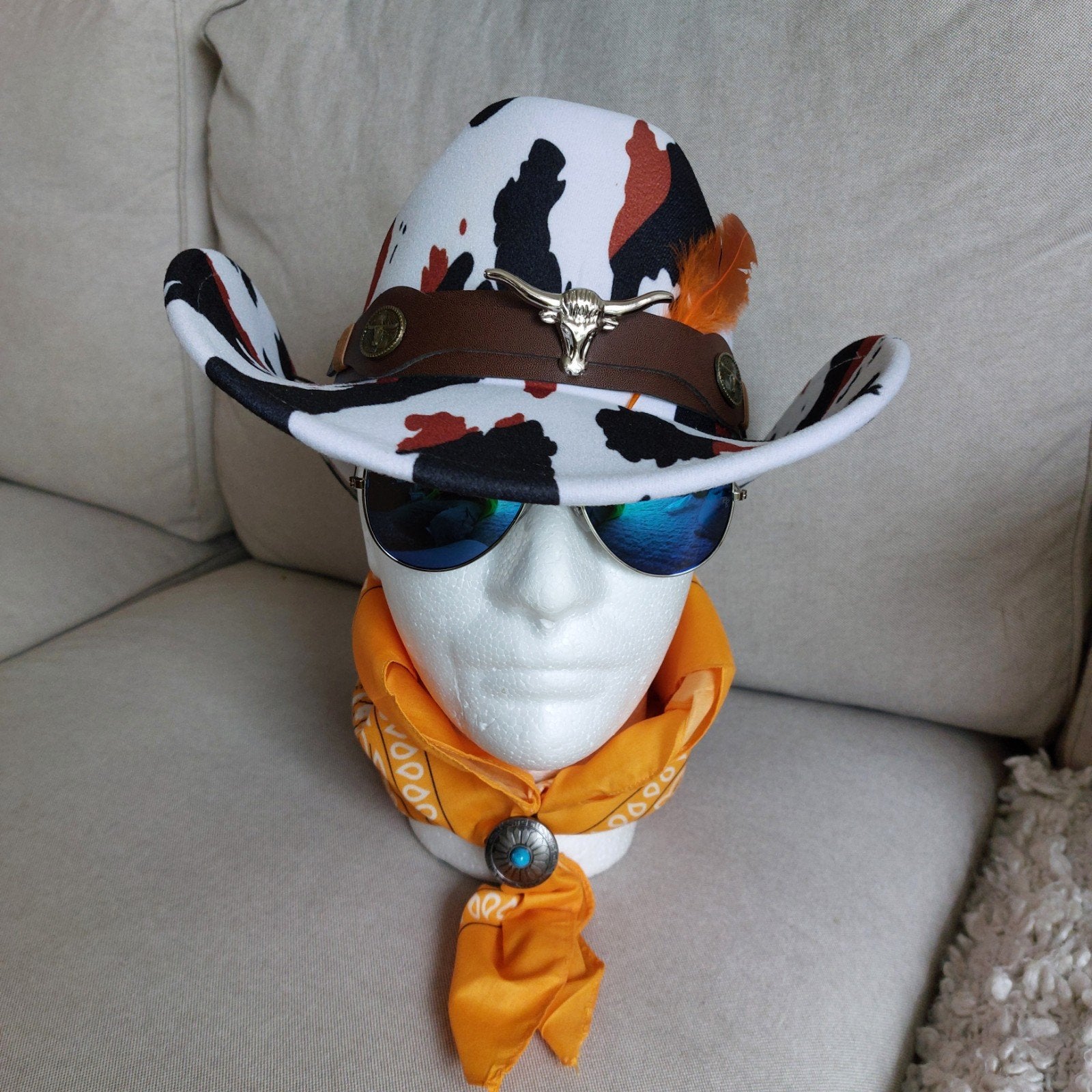 Cowboyhoed met koeienprint en stierenkop, Hoed, One size fits all, Ophalen of Verzenden, Onbekend