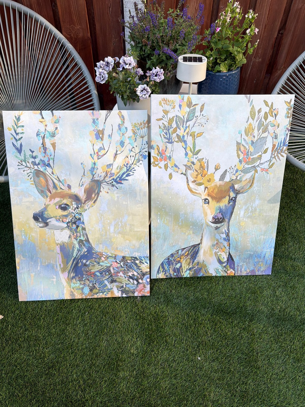 Set van 2 Herten Canvas Schilderijen met Bloemen Gewei, Ophalen, Dieren, Print, Op houten frame
