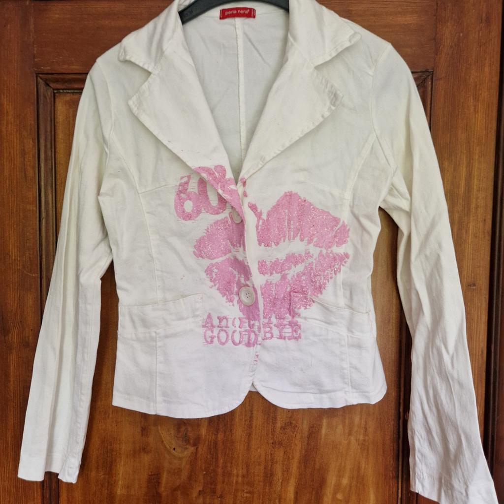 Perla Nera Wit Jasje met Roze Lip Print - Maat M, Kleding | Dames, Jasjes, Kostuums en Pakken, Gedragen, Jasje, Maat 36 (S), Wit