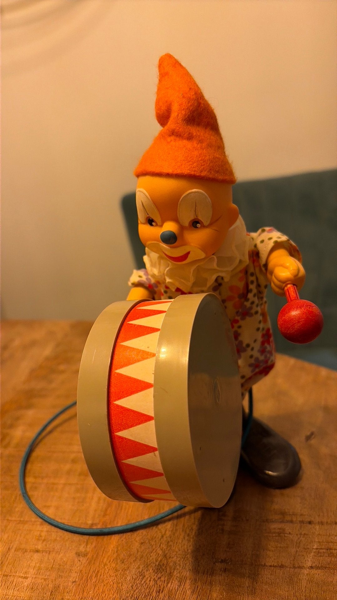Vintage clown met trommel - mechanisch speelgoed, Antiek en Kunst, Ophalen