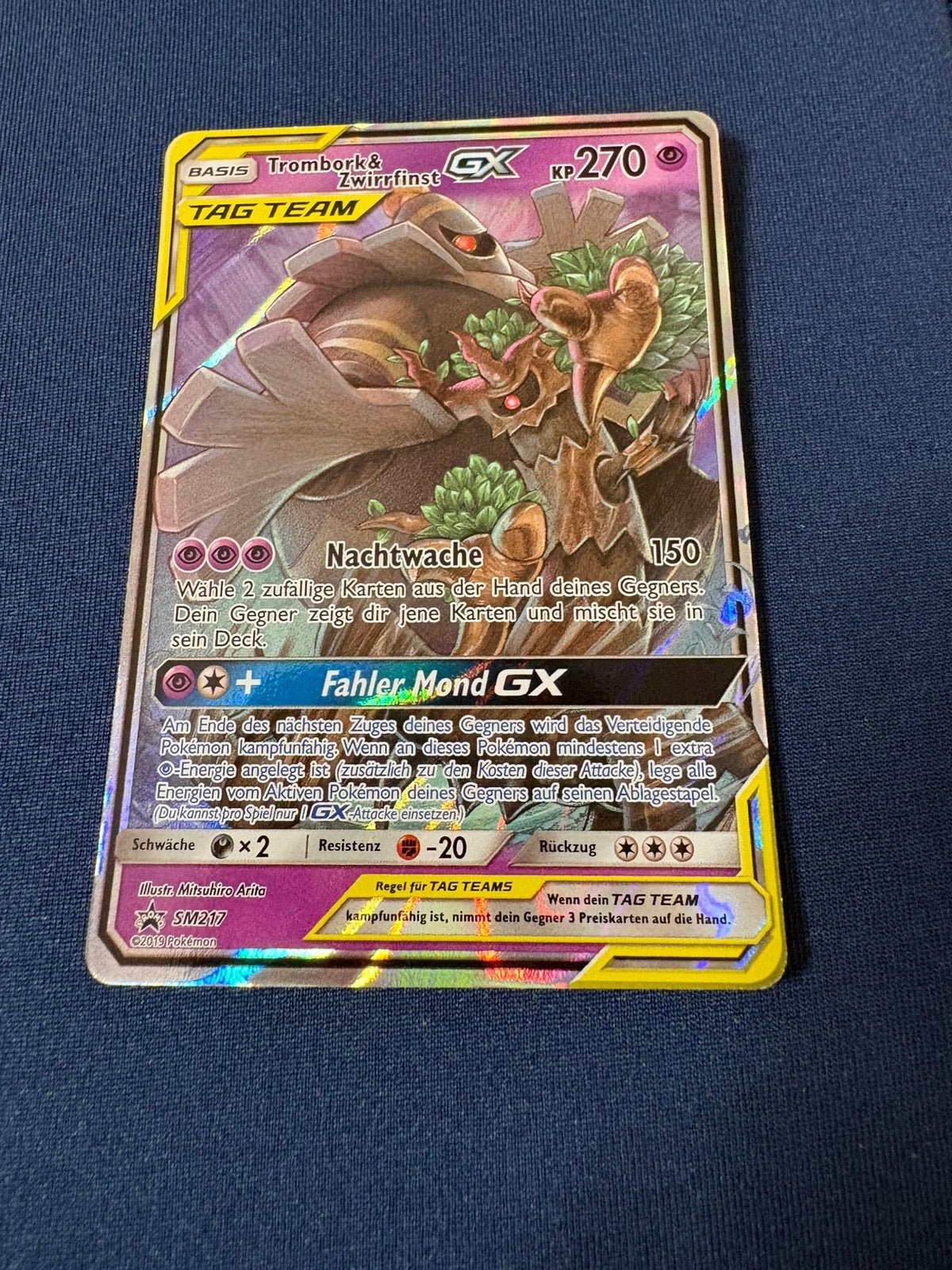 Pokémon Trombork & Zwirrfinst GX Tag Team SM217 Promo, Ophalen of Verzenden, Zo goed als nieuw, Losse kaart