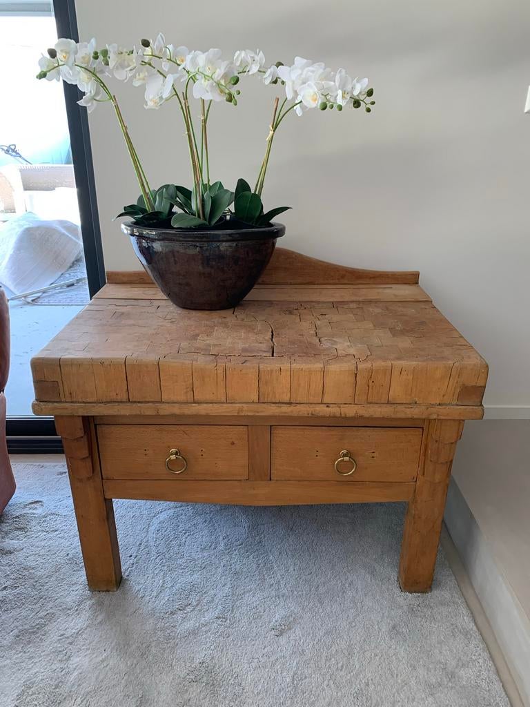 Antieke slagerstafel / hakblok met lades, Antiek en Kunst, Ophalen