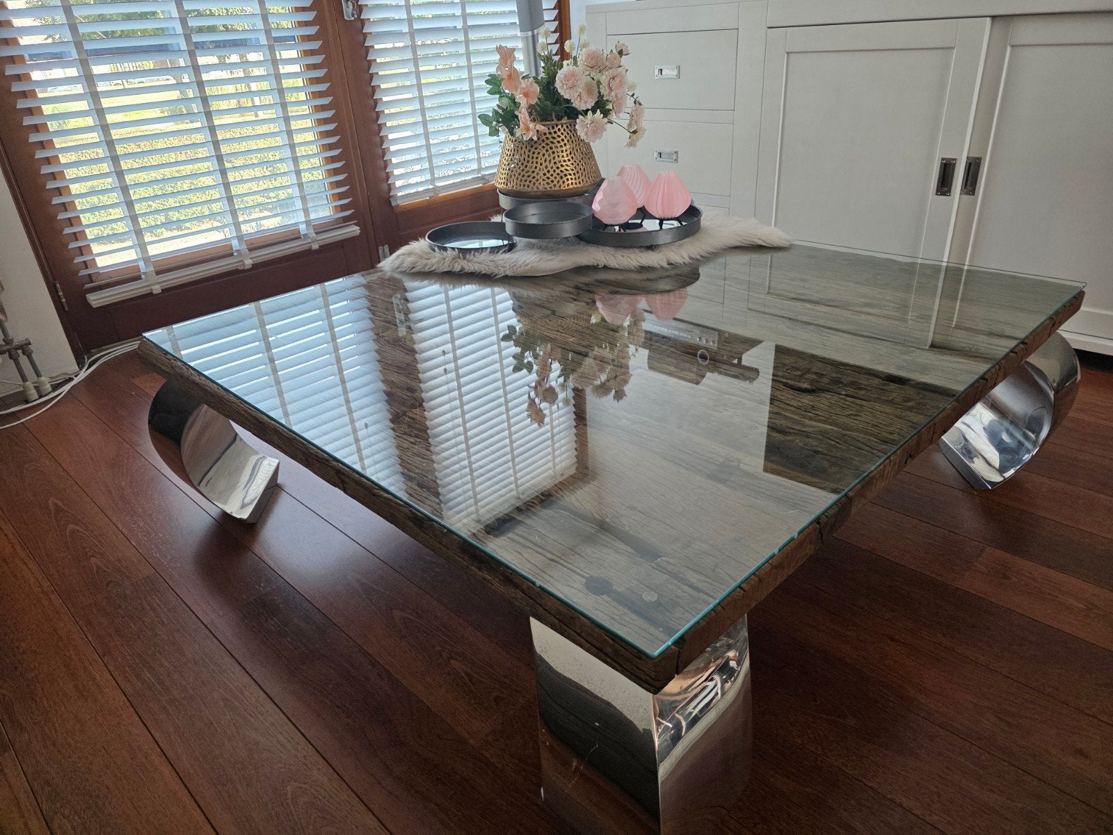ROFRA Salontafel met glazen blad en houten/metalen onderstel, Modern, Industrieel, Ophalen of Verzenden, Glas, Gebruikt