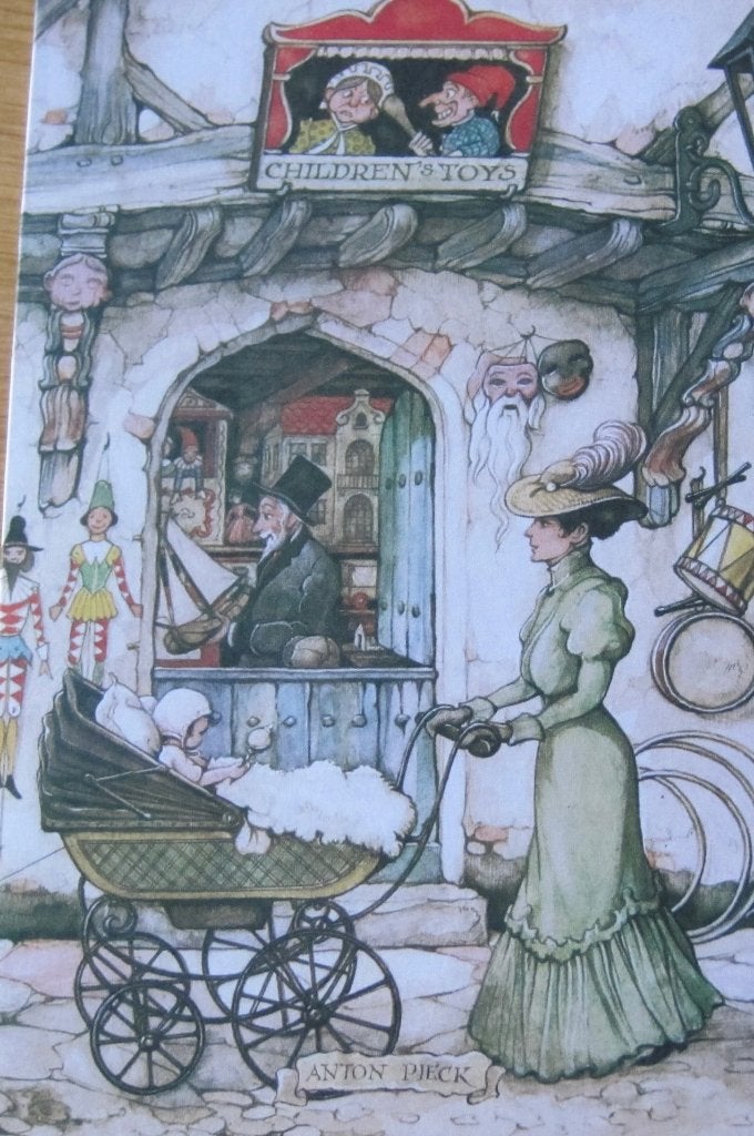 Anton Pieck - vrouw met kinderwagen voor speelgoedwinkel, Verzamelen, Ansichtkaarten | Themakaarten, Verzenden, 1980 tot heden