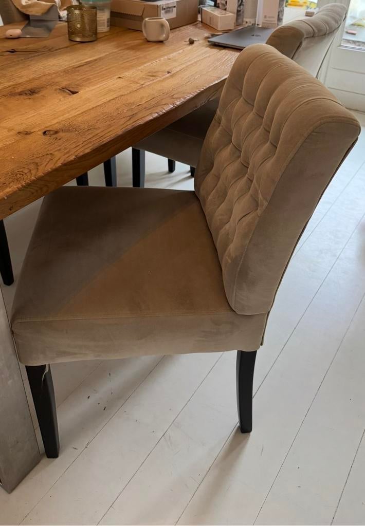 Set van 6 beige eetkamerstoelen met gecapitonneerde rug, Gebruikt, Overige kleuren, Ophalen of Verzenden, Stof