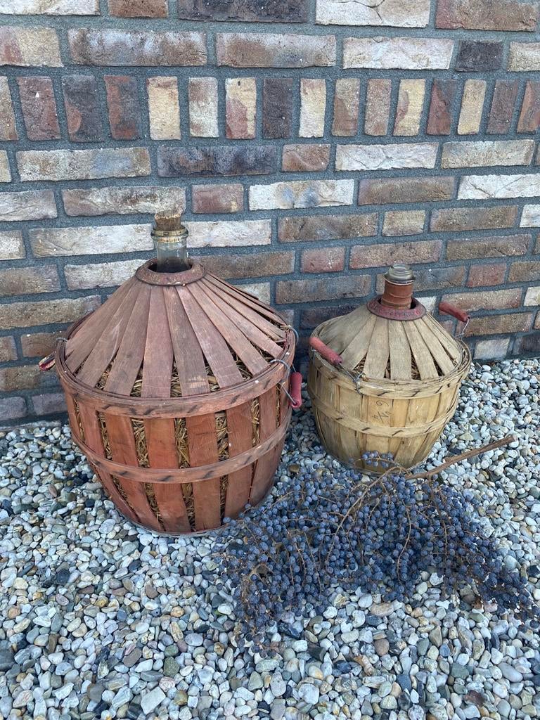 Brocante oude gist flessen met stro en hout, Antiek en Kunst, Ophalen of Verzenden