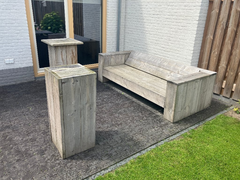 KOOPJE: Loungeset steigerhout, vaak gebruikt door horeca!!, Tuin en Terras, Ophalen, 5 zitplaatsen, Kunststof, Gebruikt