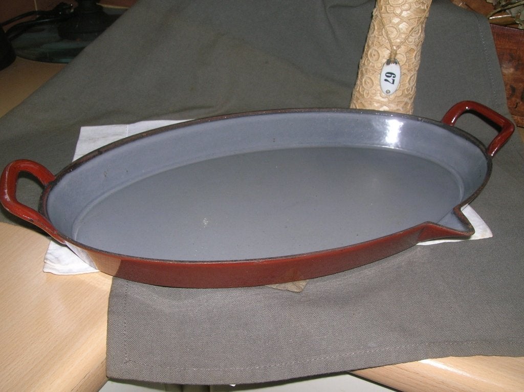 oude lage braadslede geemailleerd gietijzer roodbruin 38 cm., Antiek en Kunst, Ophalen of Verzenden