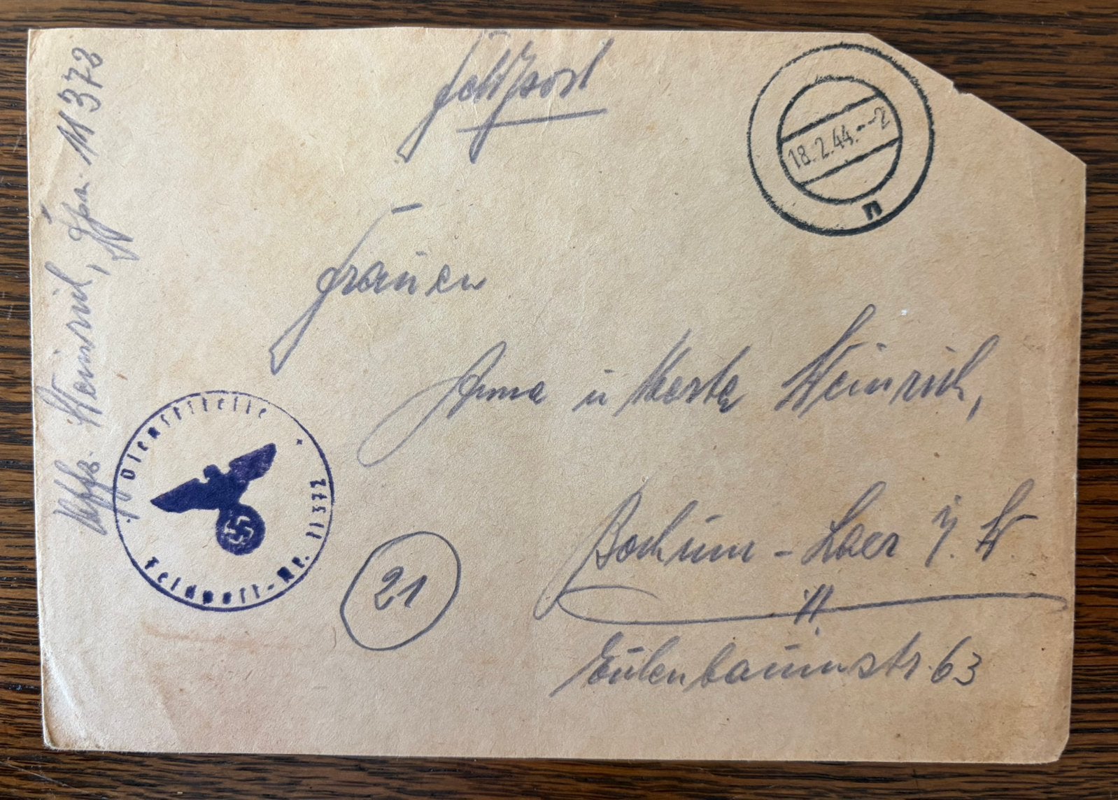 Envelop Feldpost 18.2.44 naar Bochum-Laer, Ophalen of Verzenden, Envelop