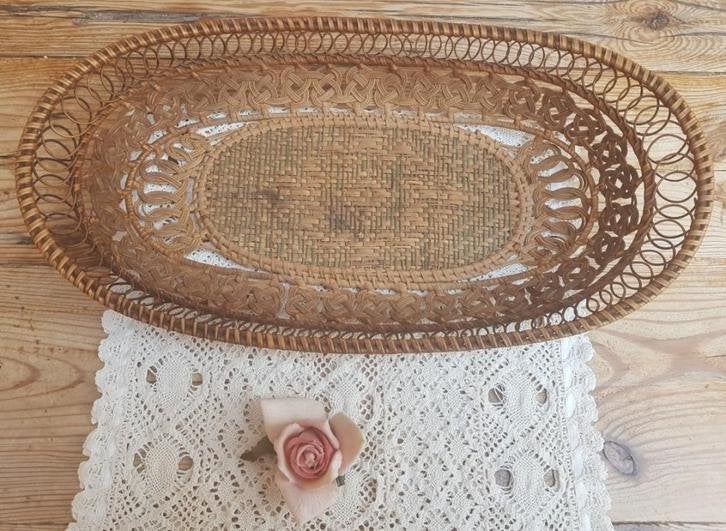 Brocante plat ovaal gevlochten rieten mandje, decoratief, Ophalen of Verzenden