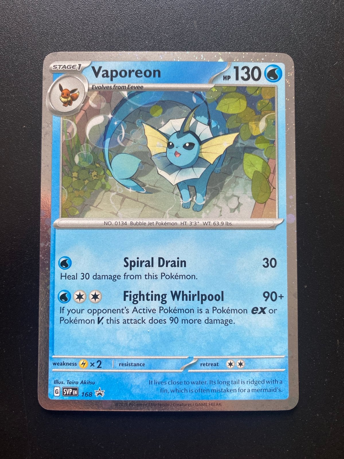 Vaporeon Cosmo Holo Black Star Promo 168 Scarlet & Violet, Ophalen of Verzenden, Zo goed als nieuw, Losse kaart, Foil